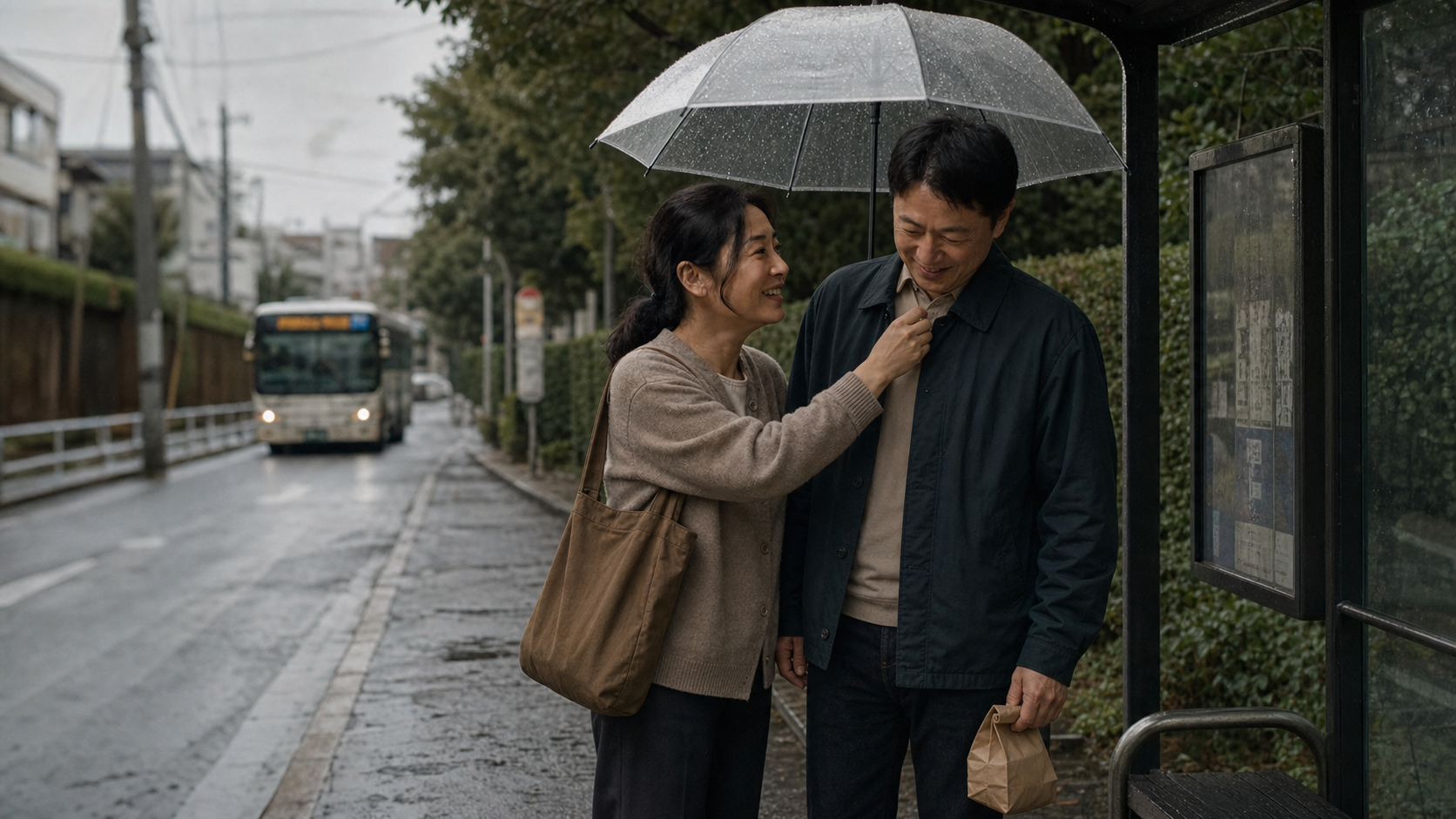 主角与林若岚在雨中等车