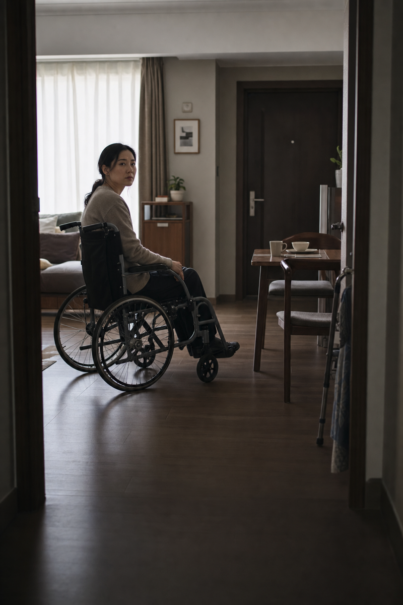 1404住户林若岚坐在轮椅上等待固定回访人员